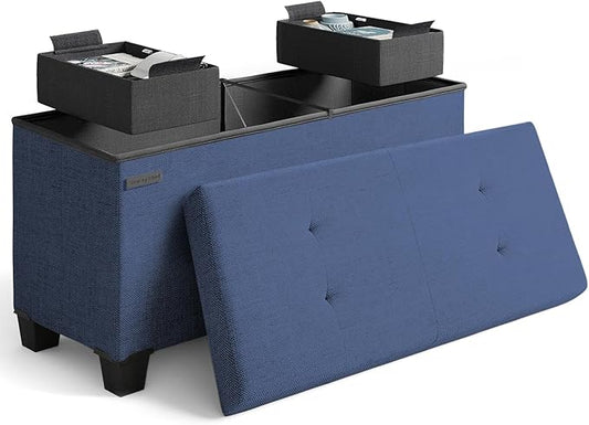 STORAGEBUD Storage Ottoman Bench with Bins, 30-in Storage Bench for Bedroom End of Bed, Folding Foot Rest Ottoman for Living Room Max 660lbs, Fabric Ottomans, Blue