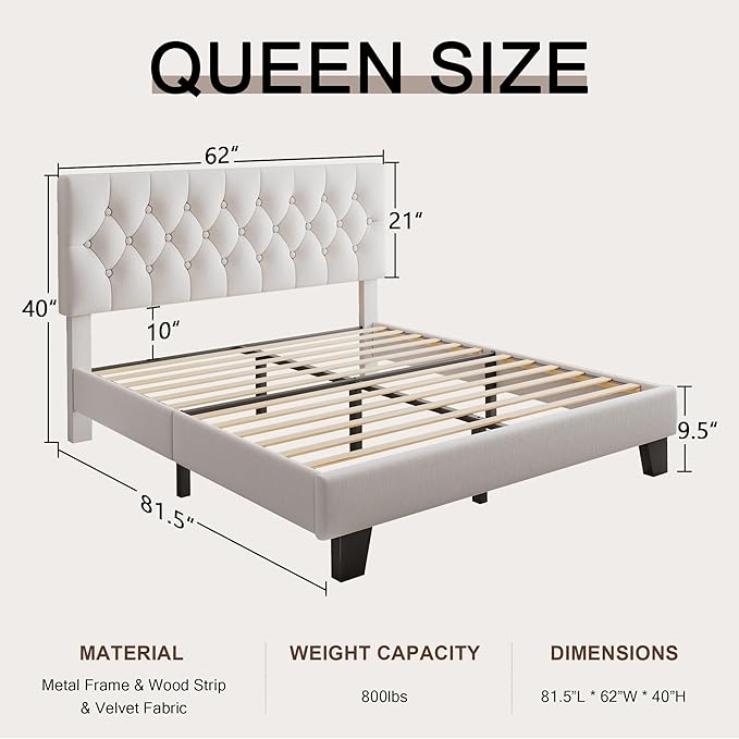 Queen Upholstered Bed Frame with Headboard, Button Tufted Linen Bed Base, Platform Bed with Wood Slat, Heavy Duty, Easy Assembly, No Box Spring Needed, White