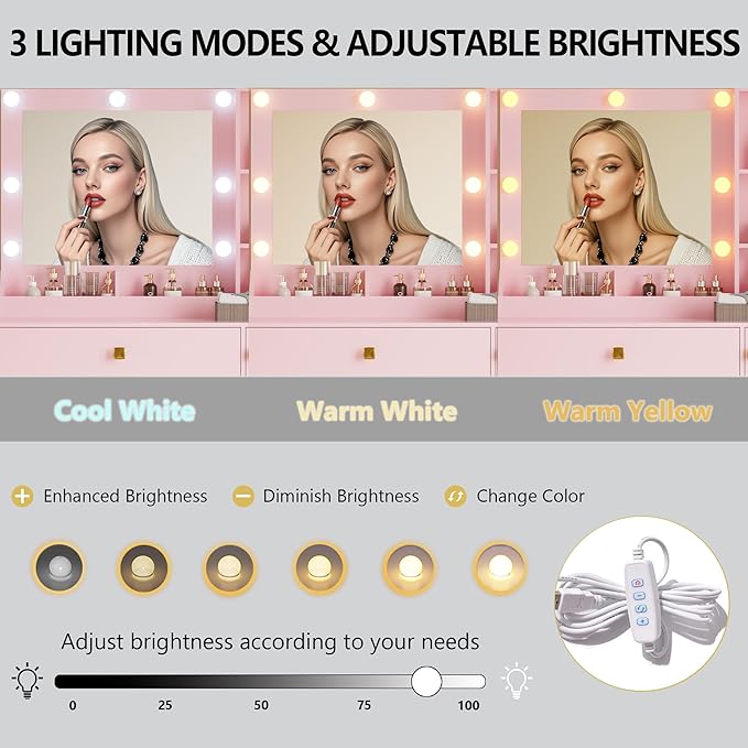 Vanity Desk with Mirror and Lights, Small Makeup Vanity Table with RGB Storage Cabinet & Power Strips & Shelves, 3 Lighting Modes & Adjustable Brightness, Dressing Table for Women Girls Bedroom, Pink
