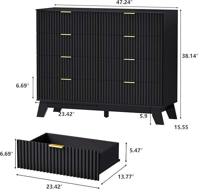 Fluted Dresser for Bedroom, 8 Drawer Dressers & Chest of Drawers, Mid Century Modern Dresser for Closet Boho Bedroom Furniture, Black Wood Chest of Drawers Storage Organizer for Living Room, Black