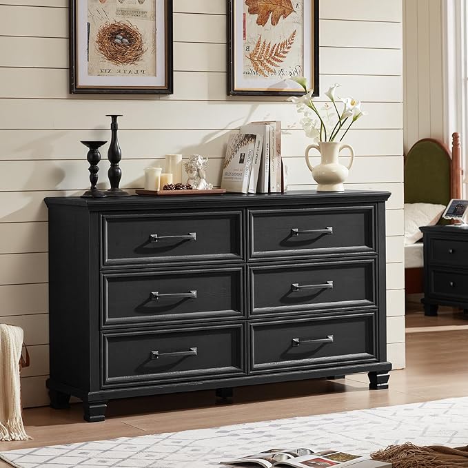 Farmhouse 6 Drawer Dresser for Bedroom, 54 inch Wide Rustic Vintage Chest of Drawers with Square Solid Wood Legs, Large TV Stand for Living Room, Wooden Storage Dressers for Hallway, Black