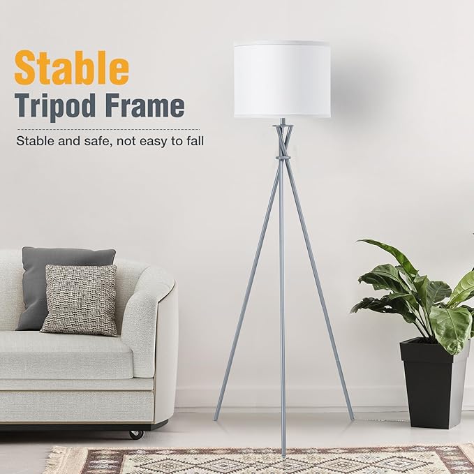Tripod Floor Lamp Silver, 61”Tall Floor Lamps, Standing Lamp with Rotary Switch, Modern Floor Lamp Simple Design with White Shade, Floor Lamps for Living Room, Bedroom, Office, Without Bulb
