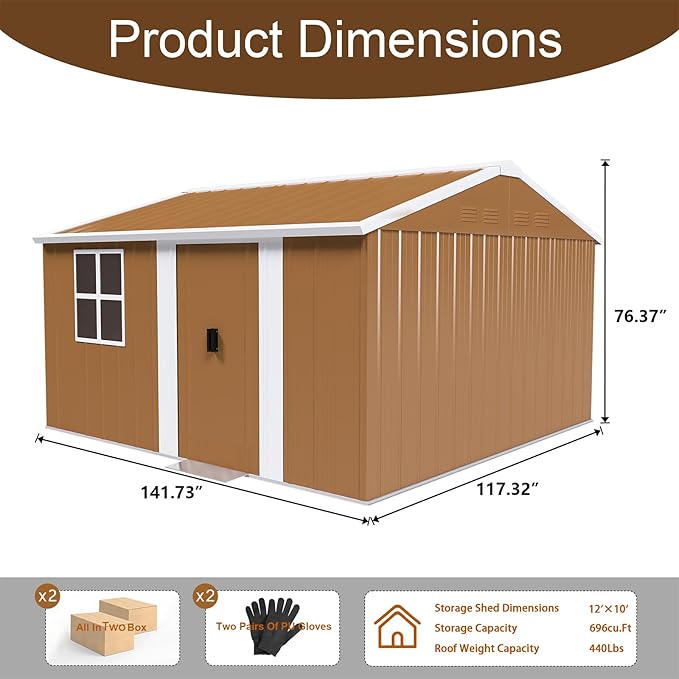 12x10 FT Outdoor Storage Shed, Metal Tool Storage with Updated Frame Structure, Vertical Outside Storage Building, Ventilation, Sloped Roof, Metal Garden Shed for Backyard, Lawn, Patio (12x10 FT)