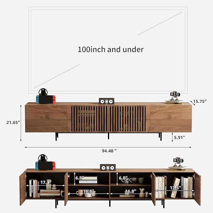 Modern Walnut TV Console for 70 Inch Screen – Long 94.48” Media Unit with Grille Doors and Storage Cabinets, Great for Living Rooms & Bedrooms