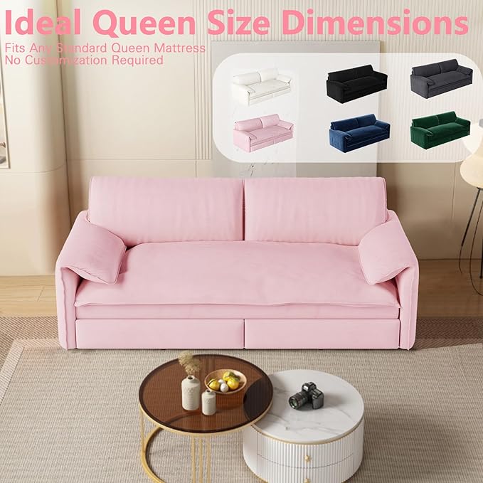 66-Inch Queen Size Convertible Sleeper Sofa Bed, 3-in-1 Pull-Out Futon Loveseat, Velvet Love Seat Couch with Side Pocket for Living Room, Office, Apartment, RV, Hide-A-Bed Fold Out Sofa&Couch
