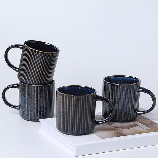 Coffee Mugs Set of 4, 12 OZ Ceramic Coffee Mugs with Handle, Vertical Stripes Coffee Cups Set for Latte/Tea/Cocoa/Milk, Microwave and Diahwasher Safe (Star Blue)