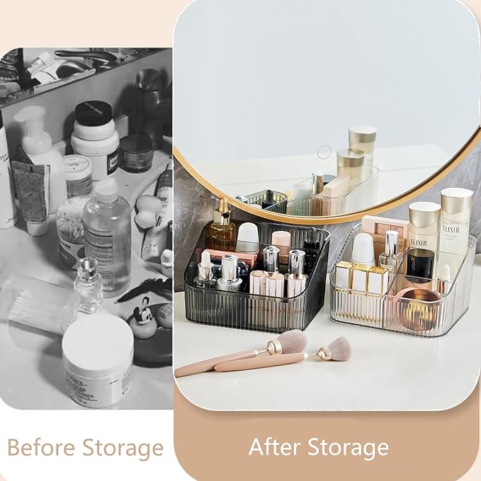 Makeup Organizer Cosmetics Storage Box, Large Capacity Make Up Brush Holder Organizer Vanity Accessories, Bathroom Countertops, Desk Storage Container, Cosmetic Display cases(Yellow-L)