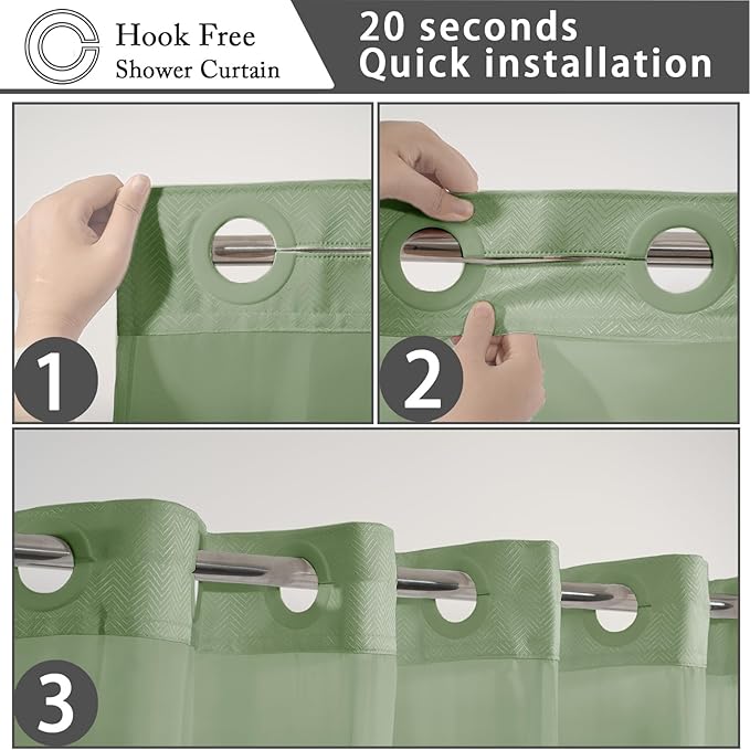 No Hook Shower Curtain with Snap in Fabric Liner Set, Chevron Shower Curtain for Bathroom (sage Green, 71" W x 84" W)