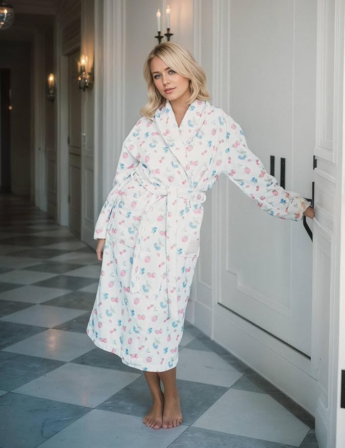 Women Fleece Floral Fruit Print Bathrobe Soft Flannel Lounge Robe Cute Fall Robe Lightweight Warm Gown with Belt