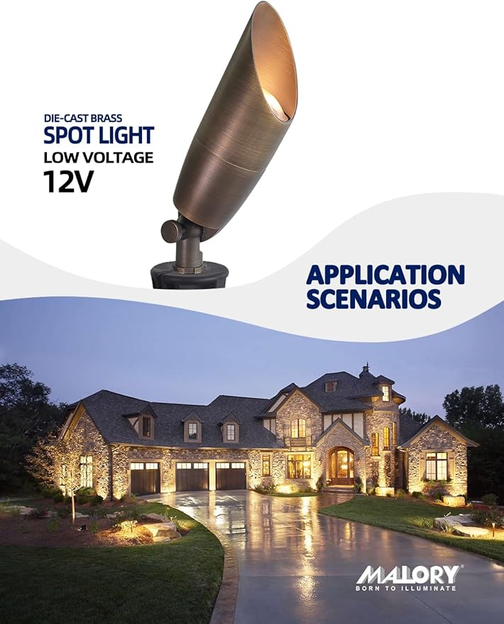 MALORY Solid Brass Landscape Spotlight 1-Pack Without Bulb(S06),Low Voltage Outdoor Front and Backyard Lights with Large Rugged Slot Spike,12V AC/DC Garden Patio Spot Up Light