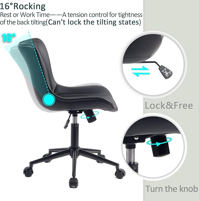 YOUTASTE Black Office Chair, Modern Armless Desk Chair with Back, Adjustable Swivel Rolling Faux Leather Task Chair with Wheels Metal Base for Home Office, Study, or Vanity