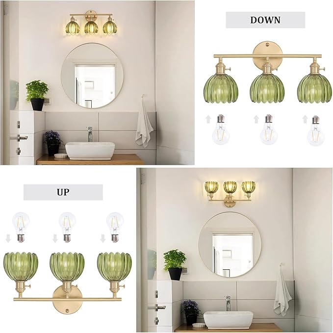 Bathroom Light Fixtures, 3-Light Brass Vanity Wall Light Over Mirror with Green Tulip Glass Shade for Bedroom Living Room