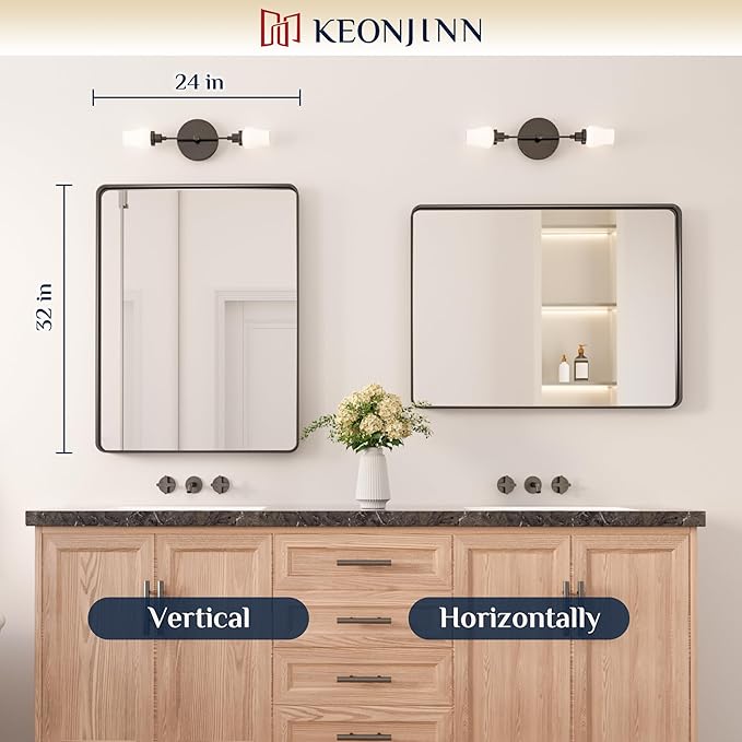 Keonjinn Black Bathroom Mirror for Over Sink, 24 x 32 Inch Matte Black Mirrors for Wall, Rounded Corner Rectangle Farmhouse Vanity Mirror, Tempered Glass Modern Decorative Mirror(Horizontal/Vertical)