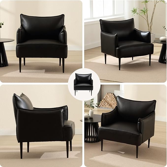 Mid Century Modern Accent Chairs Armchairs Set of 2, Black PU Leather Living Room Chair Sofa Lounge Chair with Metal Legs Reading Chair with Armrest for Bedroom Office Apartment