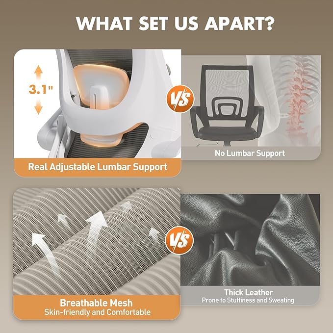 Ergonomic Office Chair with Adjustable Lumbar Support & Headrest, High Back Mesh Desk Chair with Flip-Up Armrests, Breathable & Comfortable Computer Chair for Home, Office & Study –Khaki