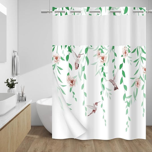 No Hook Shower Curtain with Snap in Liner - Fabric Waterproof Inner Liner, Plants Green Floral Pink Nature Birds Cloth Shower Curtains Washable, 71 x 74 Inch