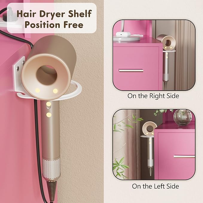 YESHOMY Vanity Desk with Mirror, Power Outlet and 10 Lights, Makeup Table with 7 Drawers, 3 Color Modes Available for Bedroom, Pink