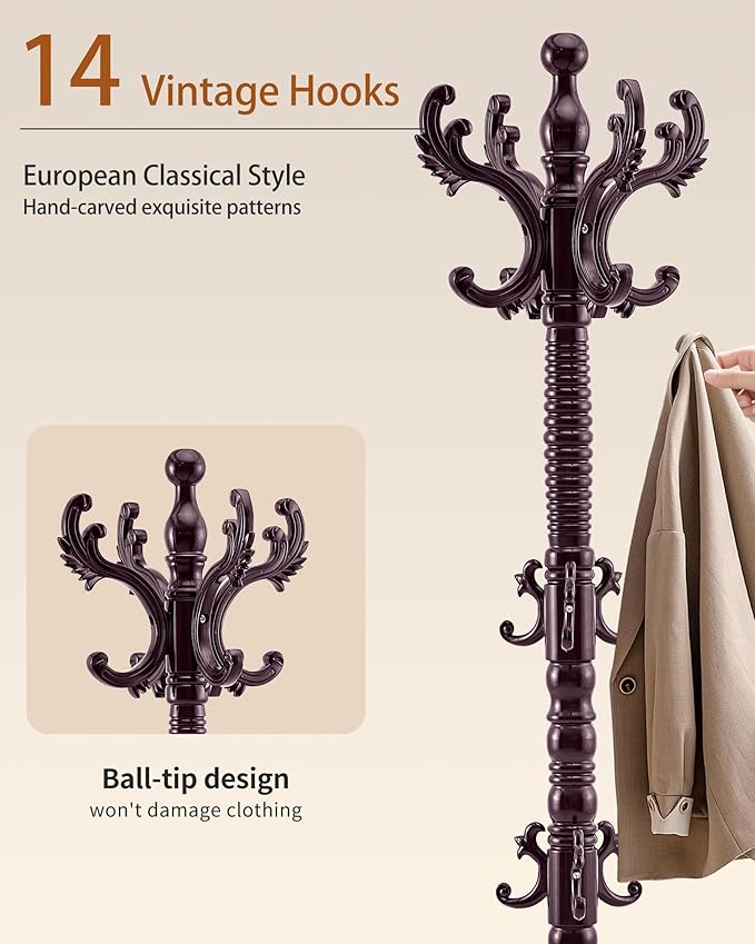 Wooden Coat Rack Freestanding, Solid Wood Coat Rack Stand with 14 Hooks, Vintage Heavy Duty Coat Racks,Standing Coat Jacket Hanger Tree Stand for Corner, Office, Entryway