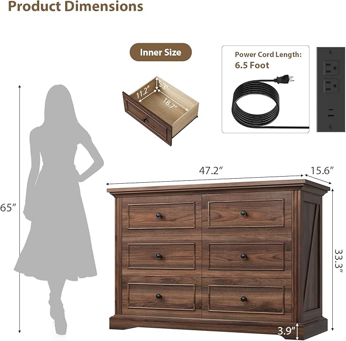 QUW Farmhouse 6 Drawer Dresser for Bedroom, 47" Wide Wood Chest of Drawers with Charging Station, Metal Handle, Modern Closet Clothes Storage Organizer for Living Room, Hallway, Entryway, Dark Walnut
