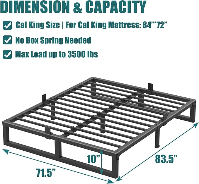 10 inch CKing Bed Frame,3500 lbs Heavy Duty Metal Platform, Steel Slats Support/No Box Spring Needed/Noise Free/Non-Slip/Easy Assembly