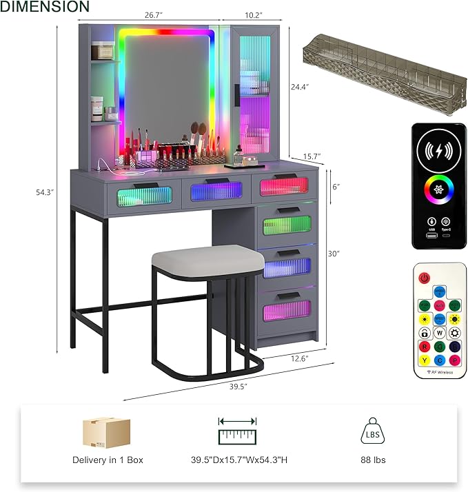 HNEBC Grey LED Vanity, Makeup Vanity with RGB Lights and 6 Drawers for Bedroom, Makeup Desk with USB/Wireless Charging, Dressing Table with Shelves/Cabins/Stool, Vanity Table Set as Gifts for Girls