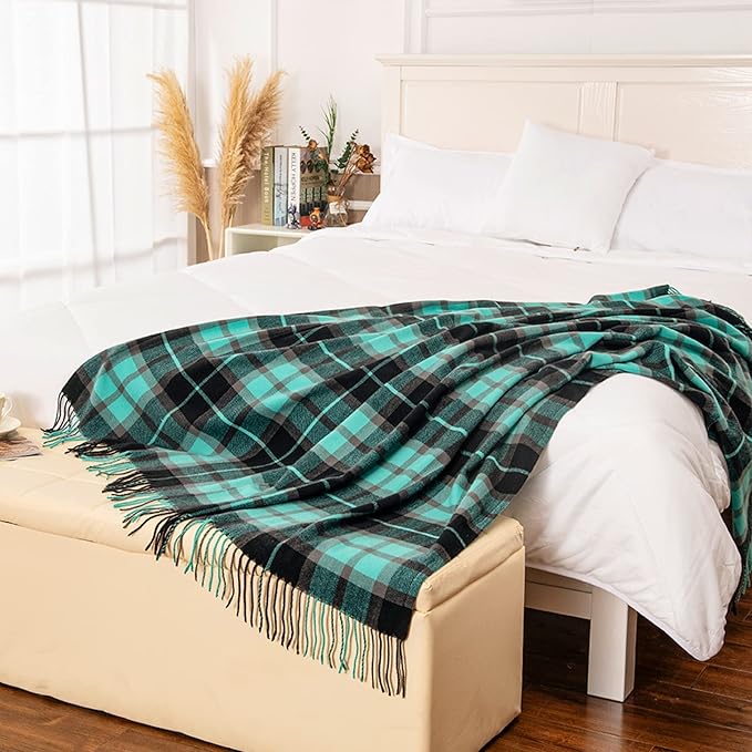 Gealaek Decorative Faux Cashmere Throw Blanket with Fringe Green and Black Plaid Lightweight Fuzzy Soft Cozy Throws for Sofa Bed Farmhouse Throw Blanket 50" x 60"
