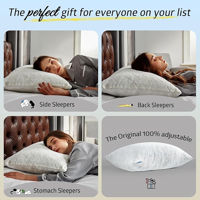BETU Cooling Pillows Standard Size Set of 2, Shredded Memory Foam Cool Pillows for Hot Sleepers, Adjustable Firm Soft Support Bed Pillows Perfect for Back Neck Pain and Side Sleeping, White