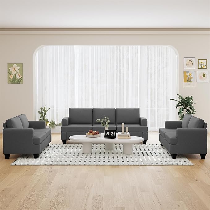 Furnimart Sectional Couches for Living Room, Modern 2 Loveseats and 3 Seater Couch, Deep Seat Sectional Sofa Set, Comfy Fluffy Grey Couch with Removable Sofa Cover, Dark Grey