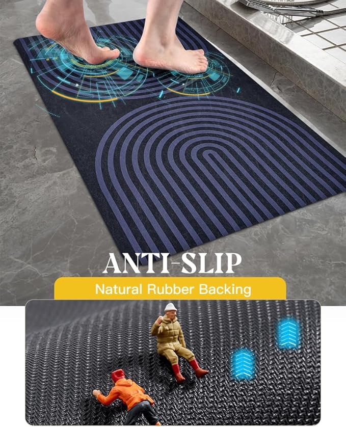 MontVoo -Bath Mat-Non Slip Thin Bathroom Rugs Fit Under Door- Quick Dry Absorbent Faux Suede Surface Grey Bathroom Floor Mats-Shower Rug for in Front of Bathtub Shower Blue Arched 17x27.5