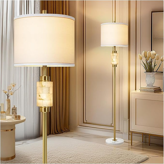 Natural Alabaster Floor Lamp, Floor Lamps for Living Room, Standing Lamp with Night Light, Linen Shade, Marble Base, Gold Floor Lamp, Tall Lamp for Bedroom, Living Room,Office(Bulb Included)