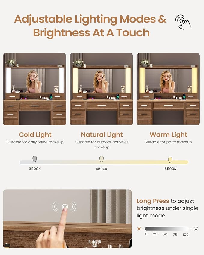 AOGLLATI Vanity Desk with Mirror and Lights, Makeup Vanity Desk with Lights, Large Mirror with Charging Station and 3 Color Lightbox, White Vanity Table with 7 Drawers for Bedroom, Dark Brown