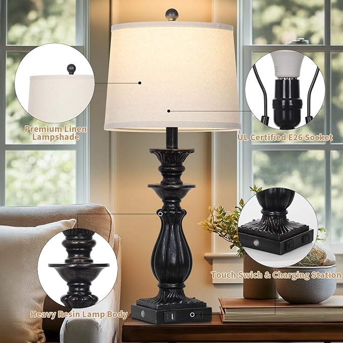 28" Farmhouse Table Lamps Set of 2 for Living Room, 3 Way Dimmable Bedside Lamp with USB C+A Ports & AC Outlet, Resin Vintage Tall Nightstand Lamps for Bedroom Office Hallway, Black