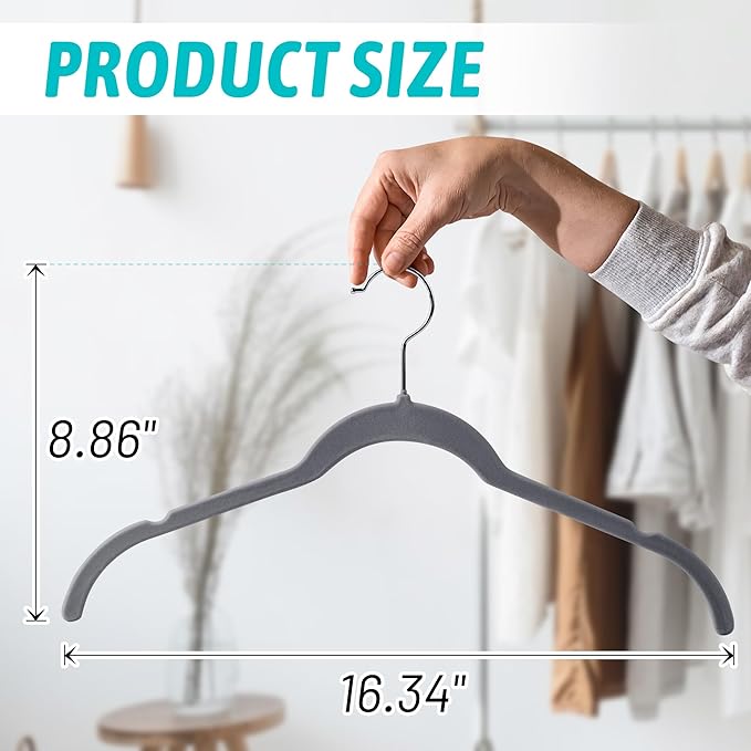 Premium Velvet Shirt Hangers 50 Pack, Space-Saving Non-Slip Felt Hanger with 360° Swivel Hook, Slim Flocked Hangers for Strappy Dresses, Blouses, Tank Tops(Grey)