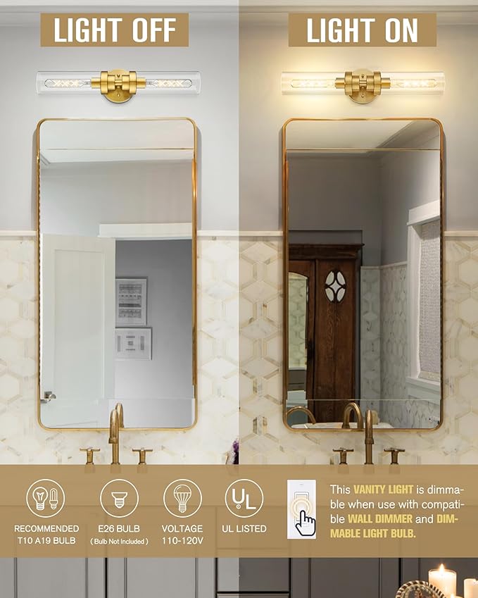 Emak 2-Light Bathroom Vanity Light Fixtures, Modern 22 Inch Brushed Gold Vanity Lights with Clear Glass Shade, Cylinder Wall Sconces for Bathroom, Bedroom, Hallway, VL085-BGD-2