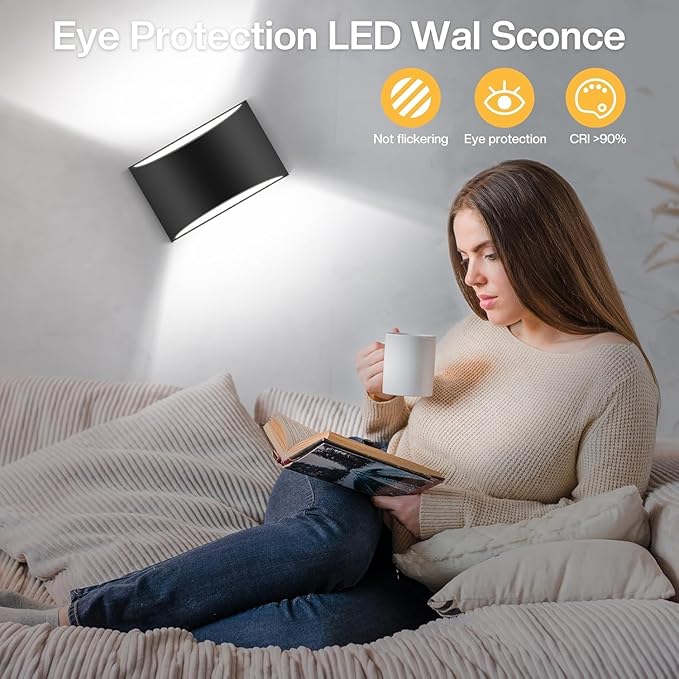 Modern LED Wall Sconces Set of Two,Cool White 6000K Hardwired Black Wall Lights Up and Down Wall Mount Light(with G9 Bulbs)