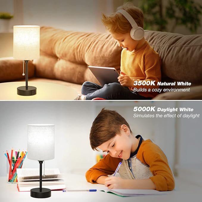 Small Bedside Lamp With 3 Color Modes - Off White 2700K 3500K 5000K Bedroom Light With USB C and A Ports, Pull Chain, AC Outlet, Black Metal Base for Kids Reading