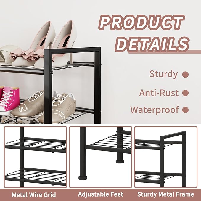 DongRong 3 Tier Shoe Rack for Closet,Adjustable Metal Shoe Storage Organizer Utility Shelf for Entryway, Dorm Room,Bedroom,Heavy Duty Shelf (Black, 3 Tier)