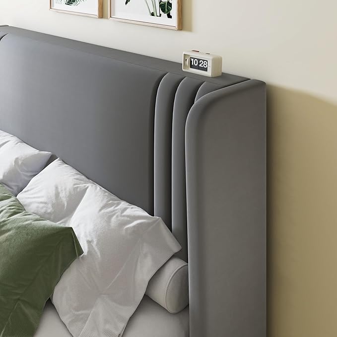 Allewie King Size Velvet Platform Bed Frame with Vertical Tufted Wingback Headboard, Easy Assembly, Under Bed Storage, No Box Spring Required, Modern Style, Grey