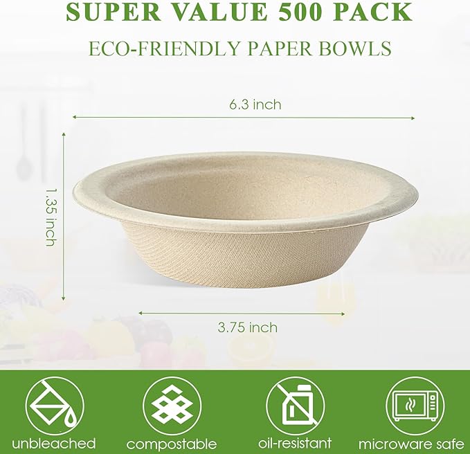 Vplus 500 Pack 12 OZ Paper Bowls Bulk, Disposable Compostable, Eco-friendly Bagasse, Heavy-duty Bowls Perfect for Milk Cereals, Snacks, Salads Nature