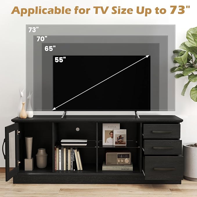 Giantex Farmhouse TV Stand for 73 Inch TV, Wood TV Console Table w/Removable Glass Shelves, Cable Management Holes & Drawers, Rustic Entertainment Center with Storage for Living Room, Bedroom, Black