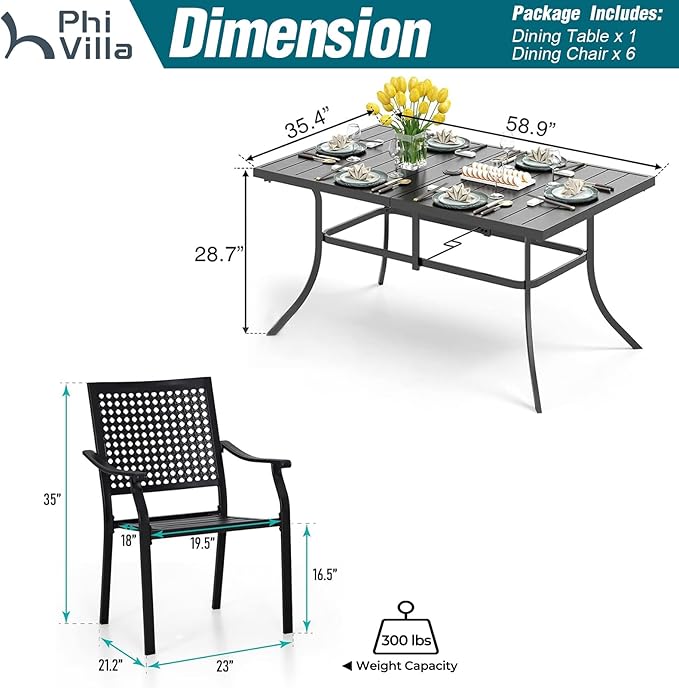 PHI VILLA Outdoor Modern Dining Table Set for 6 Dining Chairs Patio Furniture Set of 7, Metal Patio Table with Umbrella Hole & Wrought Iron Chairs for Bistro Backyard Garden