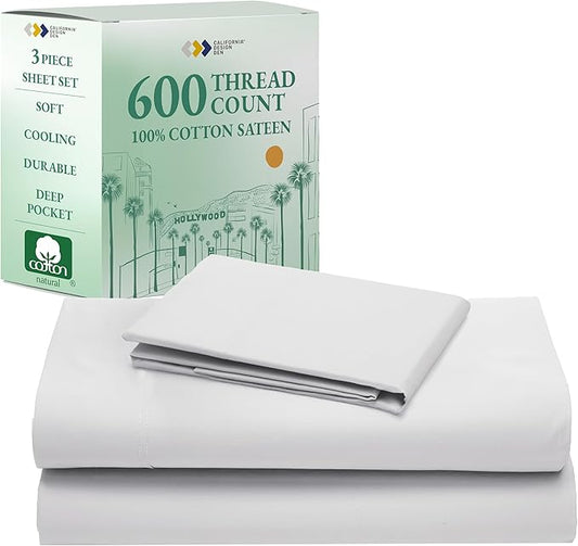 California Design Den Hotel Quality Twin Size Sheets Set - Luxury 600 Thread Count Sateen, Natural 100% Cotton, Fully Elasticized Deep Pocket Twin Sheets Set Cotton, Cool and Durable - Light Silver