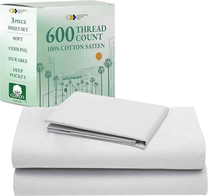 California Design Den Twin XL Bed Sheets Set - Luxury 600 Thread Count Sateen, Natural 100% Cotton Bedding Sheets & Pillowcases, Durable Fully Elasticized Deep Pocket Set for Dorm Room - Light Silver