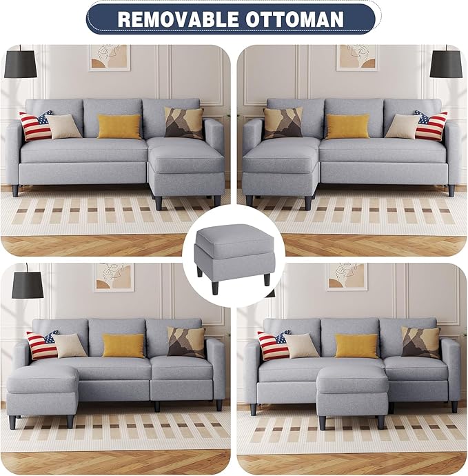 Shintenchi Small Sectional Couch Sofas, 3 Seat L Shape Sofa with Ottoman, Fabric Upholstered Convertible Sofa Couches, Small Couch for Apartments and Office (Light Grey)