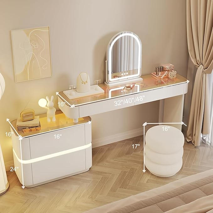 Vanity Set - Solid Wood Vanities Desk with LED Smart Mirror and Drawers, Modern Vanity Table with Glass Countertop and Makeup Stool, Vanities for Bedroom, Gifts for Her (White)