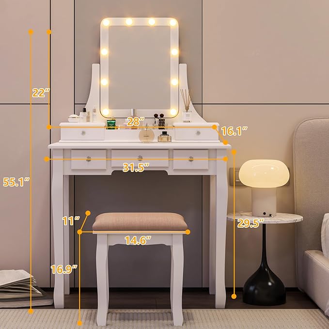 Vanity Desk with Mirror and Lights Makeup Vanity with Lights and Drawers Makeup Vanity Table with Lights Make Up Vanity Desk and Stool Set