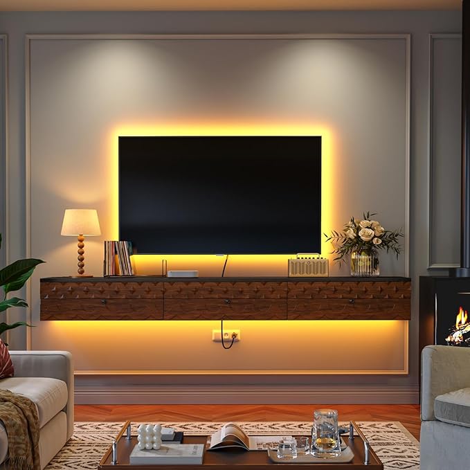 Fully-Assembled Floating TV Stand, Vintage Carved Floating Entertainment Center with Flip-Down Doors & Drawer, Walnut Wood Media Console Shelf Cabinet Under TV Storage for Living Room, 47IN