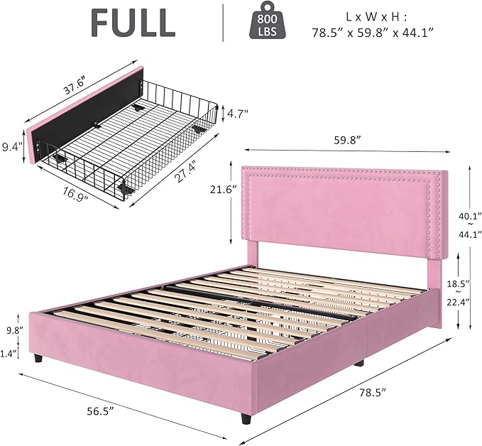 VECELO Full Size Upholstered Platform Bed Frame with 4 Storage Drawers, Adjustable Velvet Rivet Decor Headboard, Wooden Slats Support, No Box Spring Needed, Easy Assembly