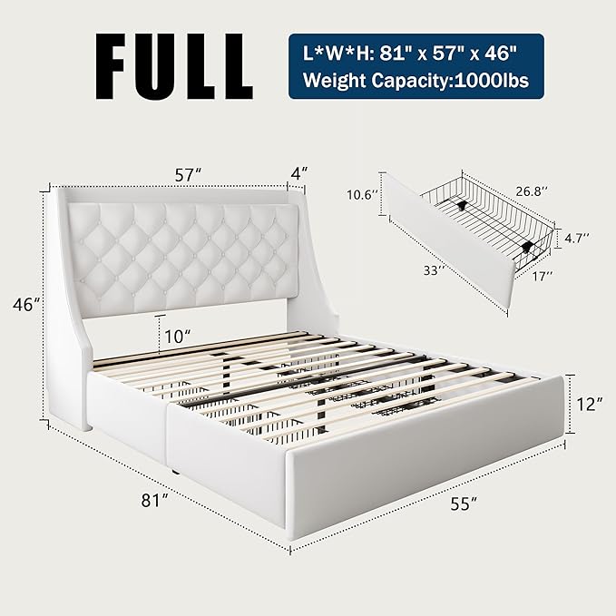 Full Bed Frame with 4 Storage Drawers, Huge Upholstered Wingback Headboard, Fast Charging Station, No Box Spring Needed, Noise-Free, White