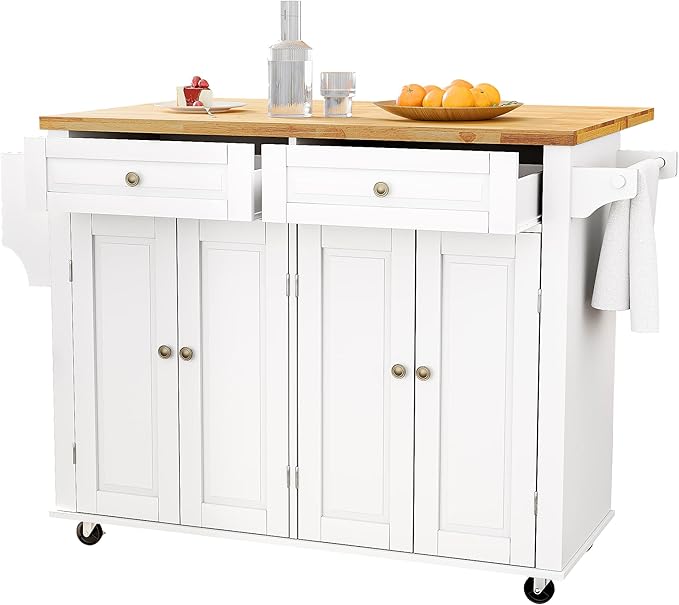 Kitchen Cart with Wood Top and Drop Leaf Breakfast Bar, Rolling Mobile Kitchen Island Table on Wheels with Drawer and Storage Cabinet, Spice Rack, Towel Rack, White